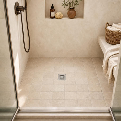 Nysa Travertine Tile 6x6 Tumbled — Bathroom shower floor
