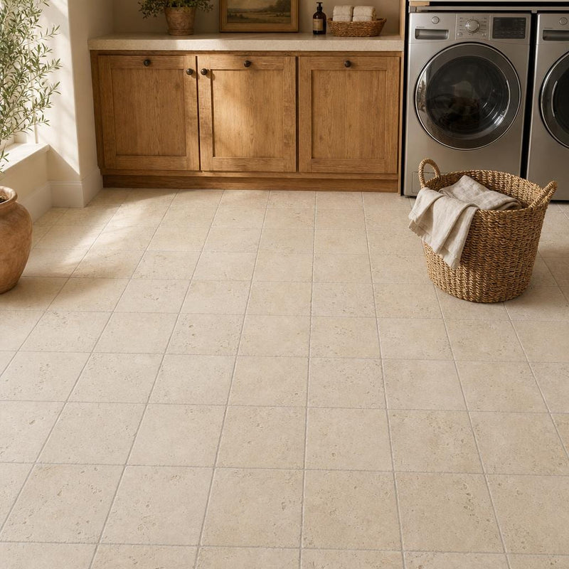 Nysa Travertine Tile 8x8 Tumbled — Laundry Room floor