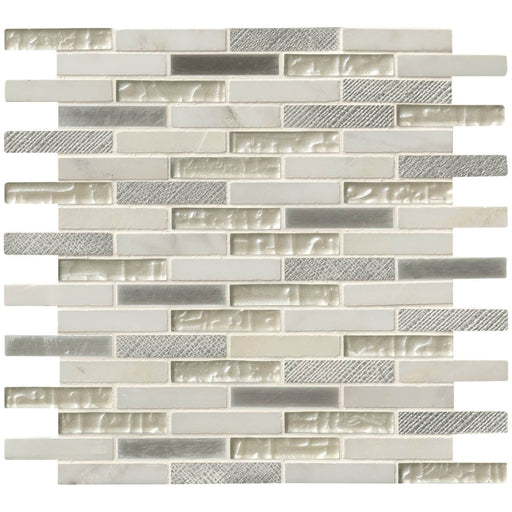 Ocean Crest Brick mosaic with offset white marble strips, pale grey glass and textured silver metal accents.