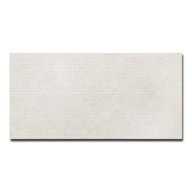 Oda Ice 48x24 Coast Deco matte soft textured ceramic tile with an off-white surface and fine horizontal ridges on a white background.