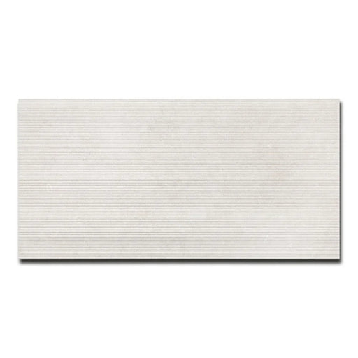 Oda Ice 48x24 Coast Deco matte soft textured ceramic tile with an off-white surface and fine horizontal ridges on a white background.