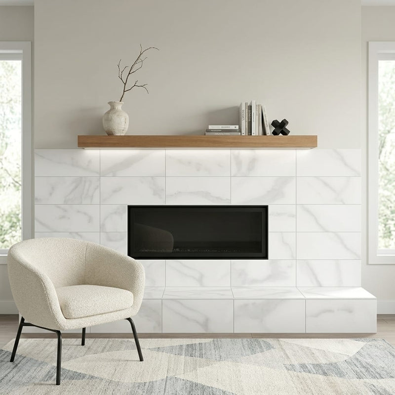 Olimpia Grey 11x22 Straight Porcelain Tile 12x24 — Living Room fireplace surround