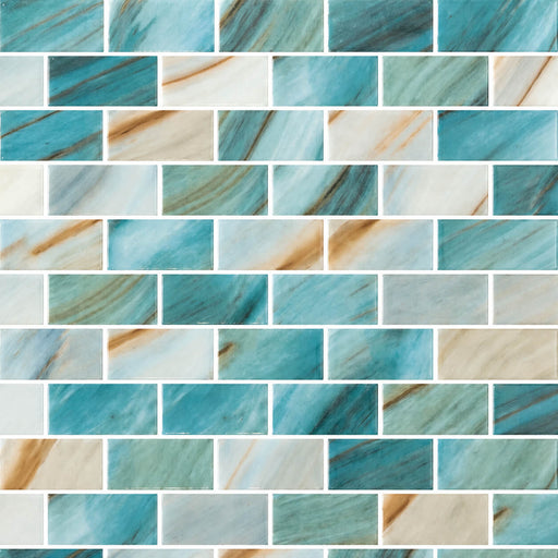 Onix Glass Brick Zaira 1x2 glossy glass mosaic in turquoise, white and beige with diagonal veining and a staggered brick pattern.