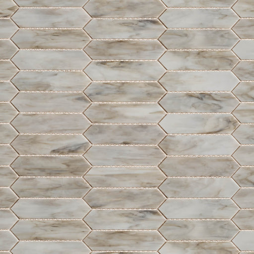 Opal Beige Picket glass mosaic sheet, 11 1/4 x 13 5/8 inches, with elongated hexagonal pieces and soft beige veining.