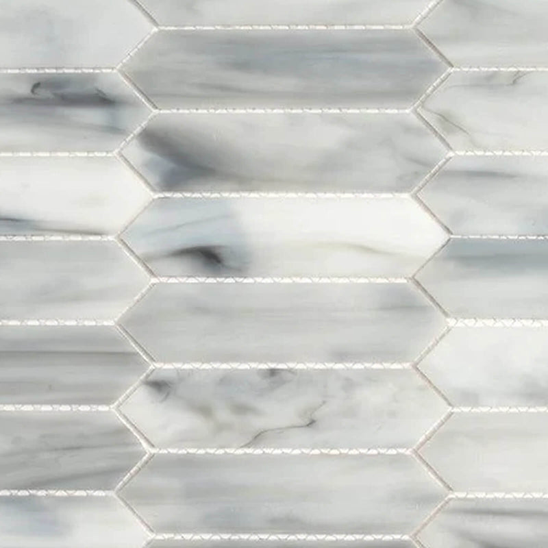 Opal White Picket glass mosaic with elongated white and gray veined tiles in an offset pattern.