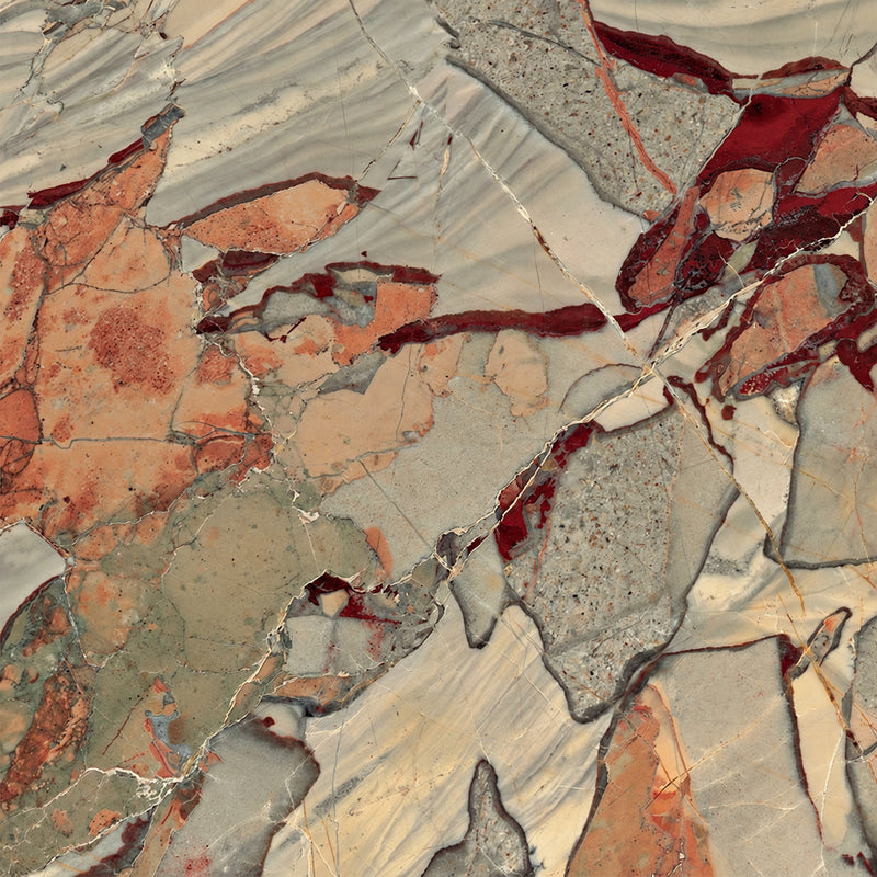 Opera Fantastico marble slab with sage-gray, cream and terracotta mineral patterns accented by deep burgundy veins.