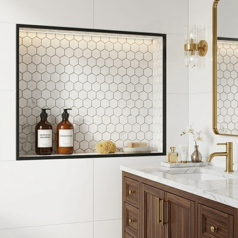 Oriental White (Asian Statuary) Marble 1x1 Honed Hexagon Mosaic — Bathroom niche