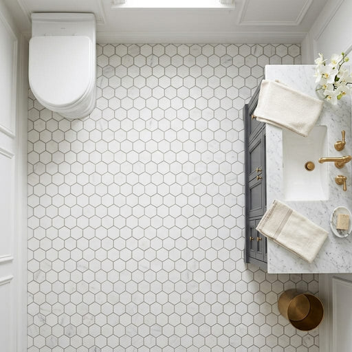 Oriental White (Asian Statuary) Marble 1x1 Honed Hexagon Mosaic — Powder Room floor
