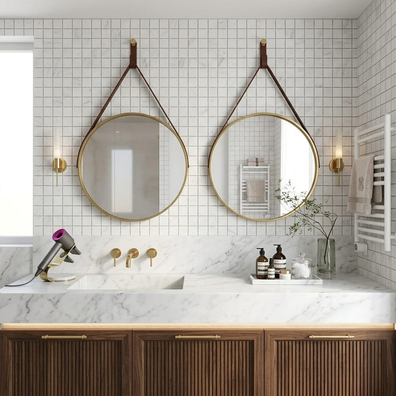 Oriental White (Asian Statuary) Marble 1x1 Honed Mosaic — Bathroom shower wall