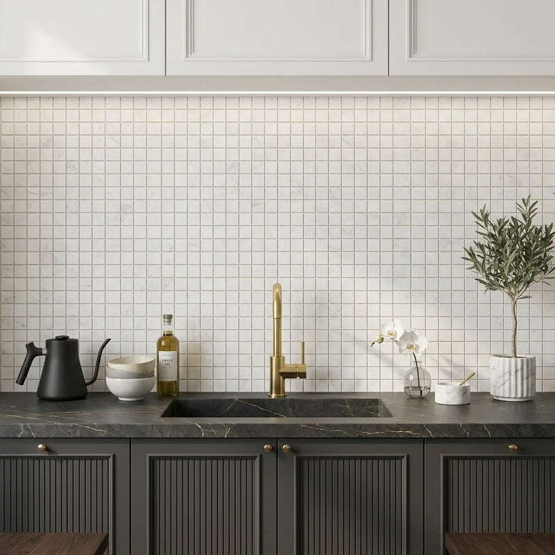 Oriental White (Asian Statuary) Marble 1x1 Honed Mosaic — Kitchen backsplash
