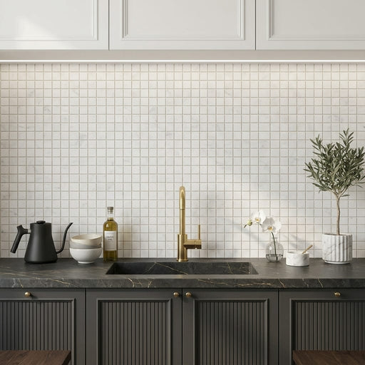 Oriental White (Asian Statuary) Marble 1x1 Honed Mosaic — Kitchen backsplash
