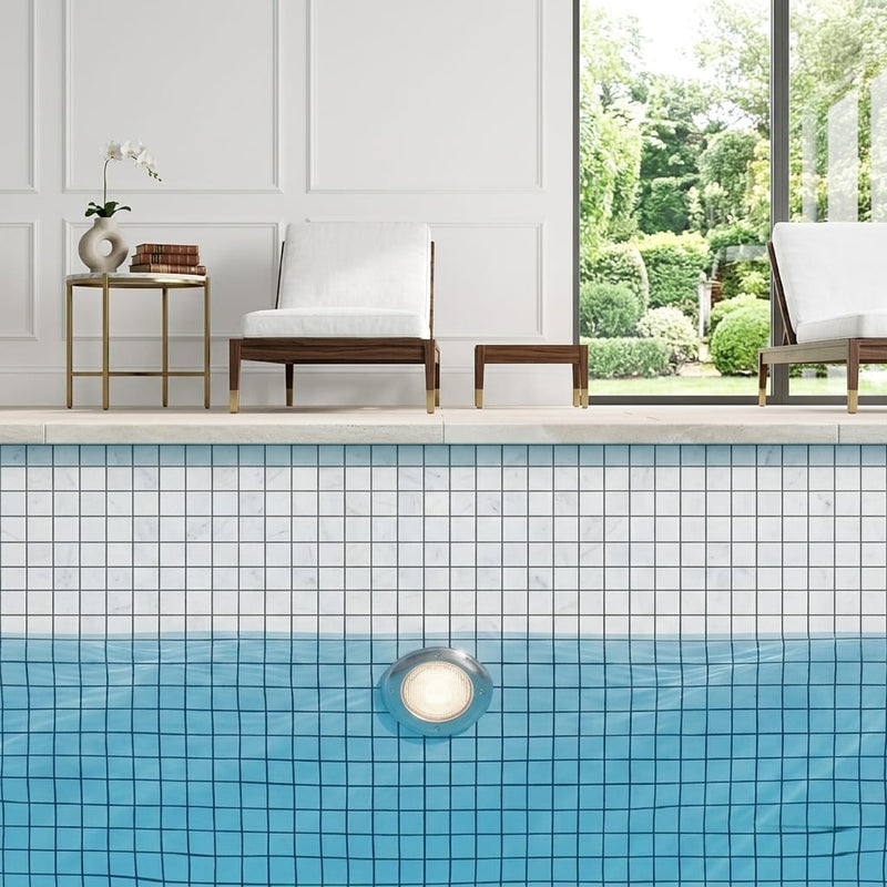 Oriental White (Asian Statuary) Marble 1x1 Honed Mosaic — Swimming Pool pool interior tiling
