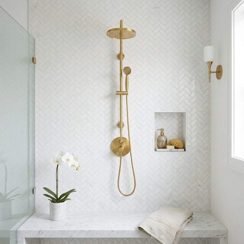 Oriental White (Asian Statuary) Marble 1x2 Honed Herringbone Mosaic — Bathroom shower wall