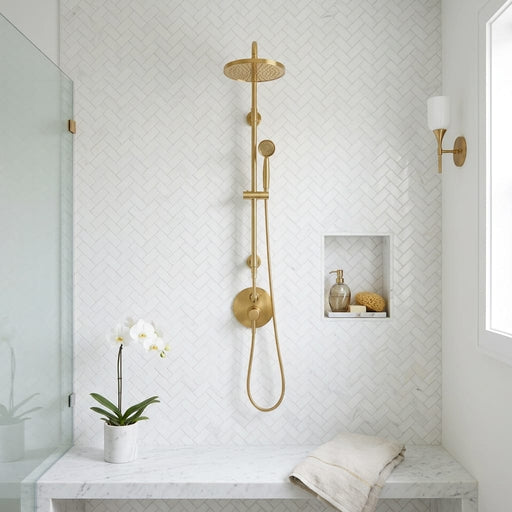 Oriental White (Asian Statuary) Marble 1x2 Honed Herringbone Mosaic — Bathroom shower wall