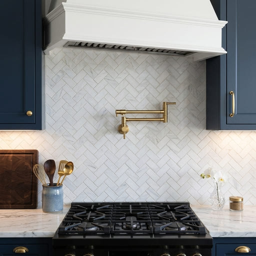 Oriental White (Asian Statuary) Marble 1x2 Honed Herringbone Mosaic — Kitchen backsplash