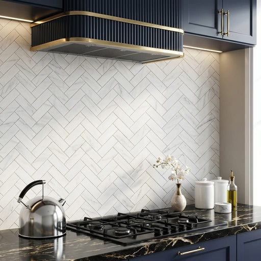 Oriental White (Asian Statuary) Marble 1x3 Honed Herringbone Mosaic — Kitchen backsplash