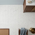 Oriental White (Asian Statuary) Marble 1x4 Honed Herringbone Mosaic — Bathroom floor