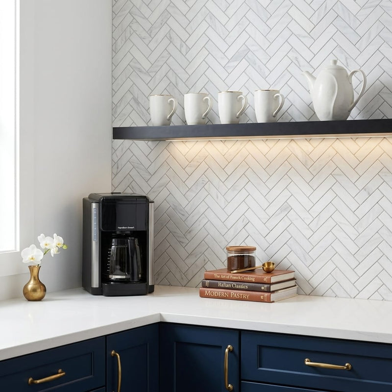Oriental White (Asian Statuary) Marble 1x4 Honed Herringbone Mosaic — Kitchen backsplash