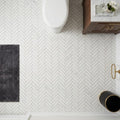 Oriental White (Asian Statuary) Marble 1x4 Honed Herringbone Mosaic — Powder Room floor