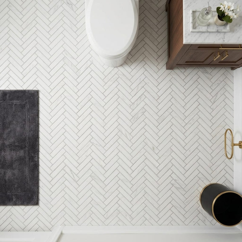 Oriental White (Asian Statuary) Marble 1x4 Honed Herringbone Mosaic — Powder Room floor