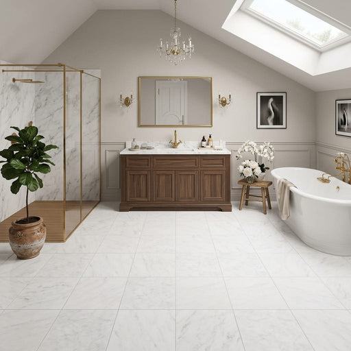 Oriental White (Asian Statuary) Marble 12x12 Honed Tile — Bathroom floor
