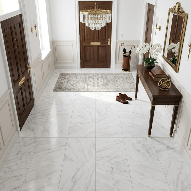 Oriental White (Asian Statuary) Marble 12x12 Honed Tile — Foyer floor