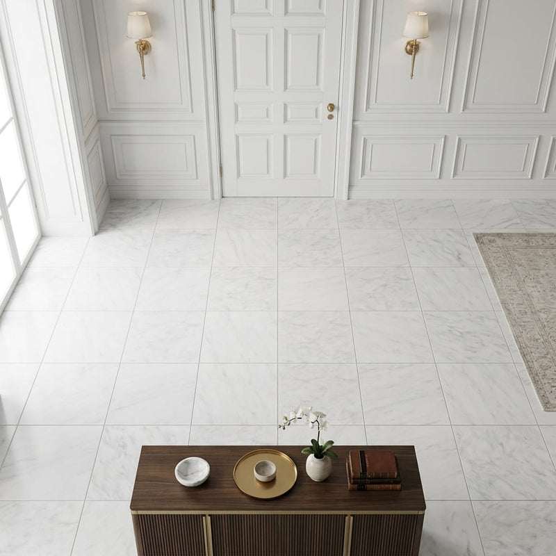 Oriental White (Asian Statuary) Marble 12x12 Honed Tile — Hallway floor