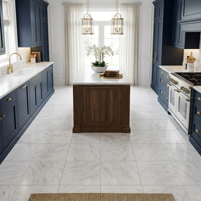 Oriental White (Asian Statuary) Marble 12x12 Honed Tile — Kitchen floor