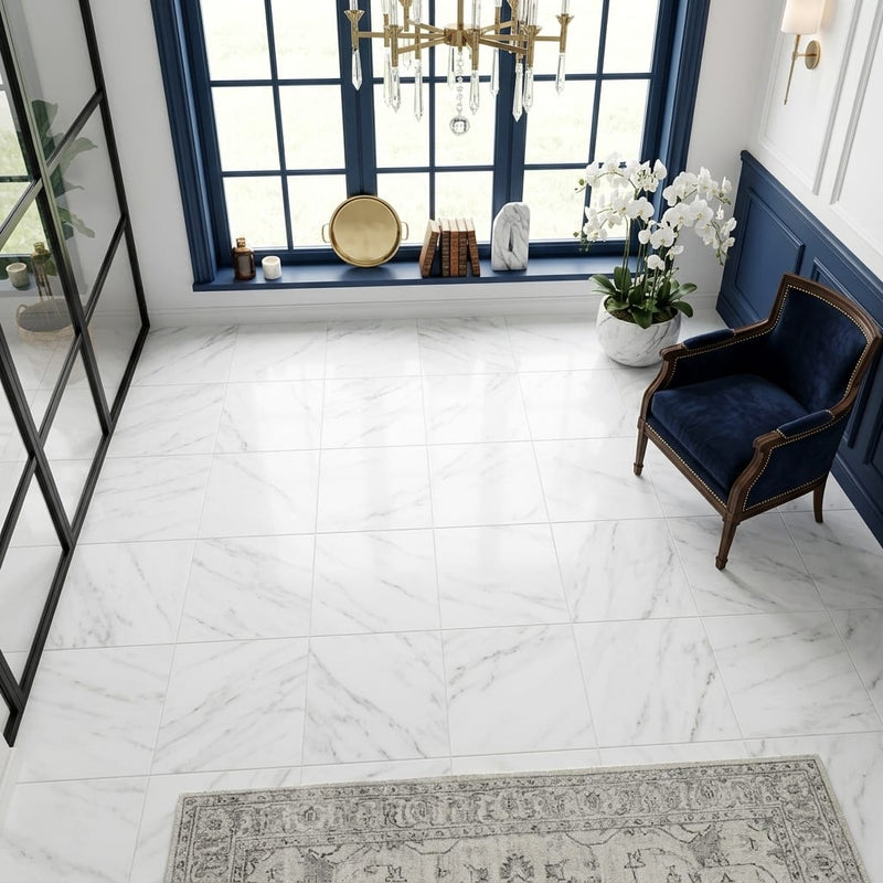 Oriental White (Asian Statuary) Marble 12x12 Honed Tile — Sunroom floor