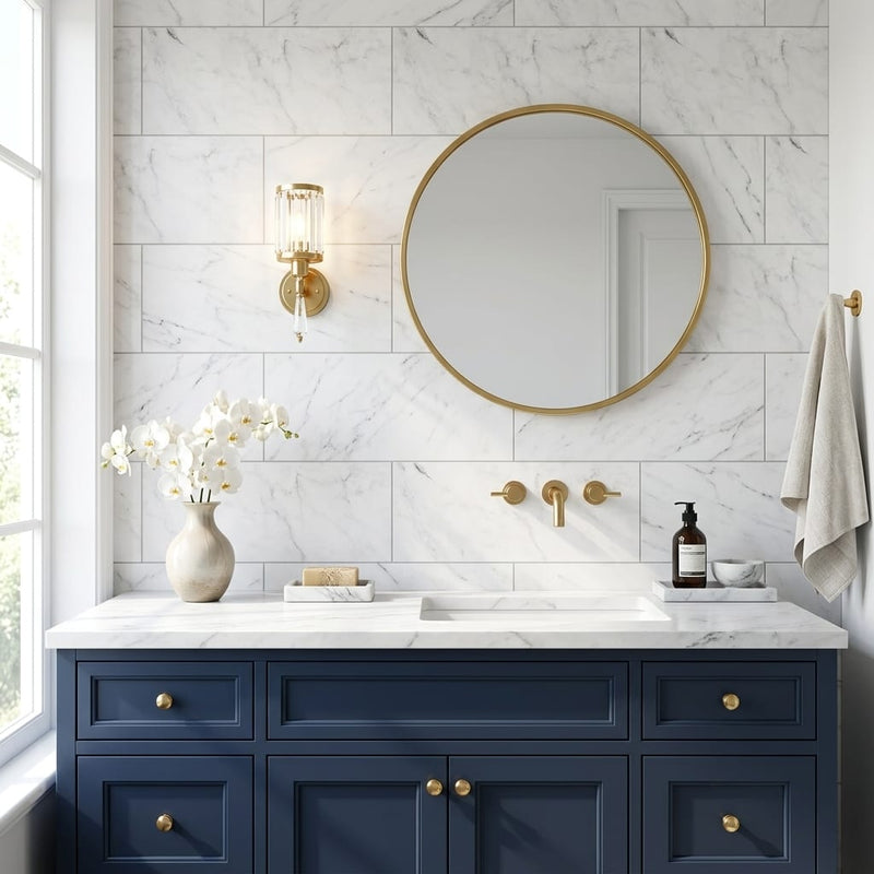 Oriental White (Asian Statuary) Marble 12x24 Honed Tile — Bathroom vanity wall