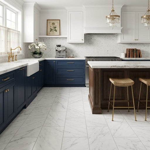 Oriental White (Asian Statuary) Marble 12x24 Honed Tile — Kitchen floor