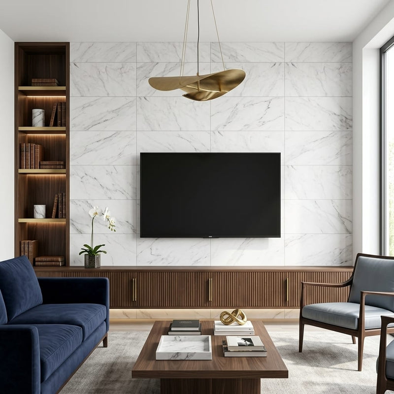 Oriental White (Asian Statuary) Marble 12x24 Honed Tile — Living Room feature wall