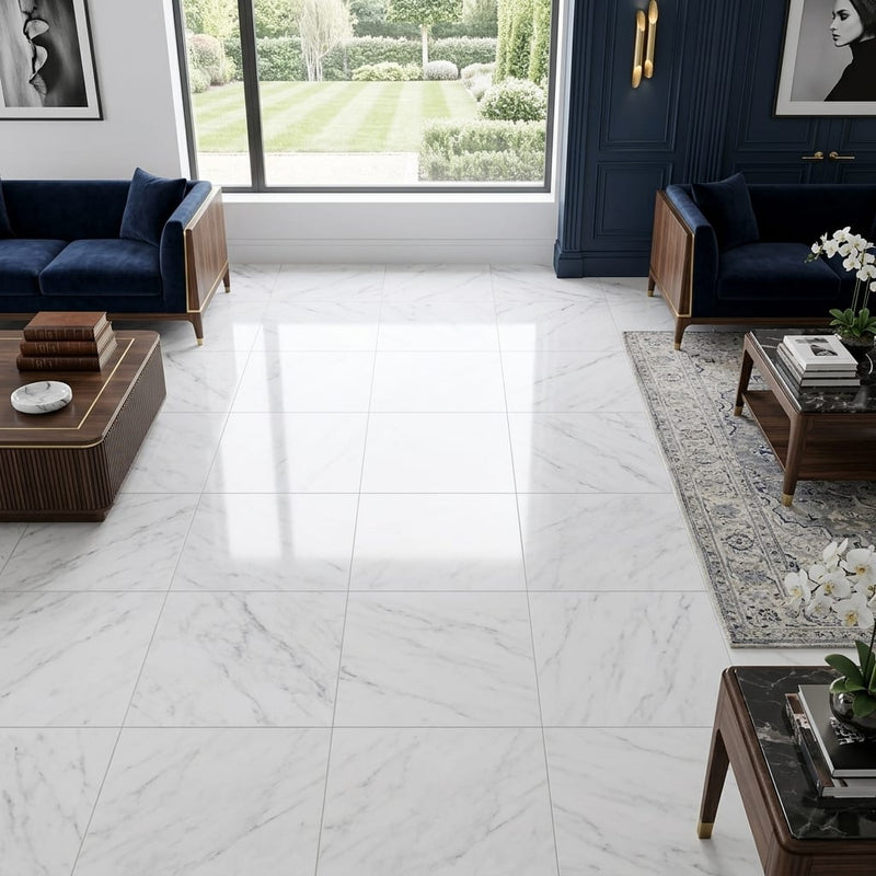 Oriental White (Asian Statuary) Marble 18x18 Honed Tile — Family Room floor