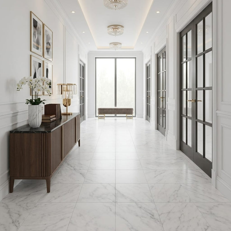 Oriental White (Asian Statuary) Marble 18x18 Honed Tile — Hallway floor