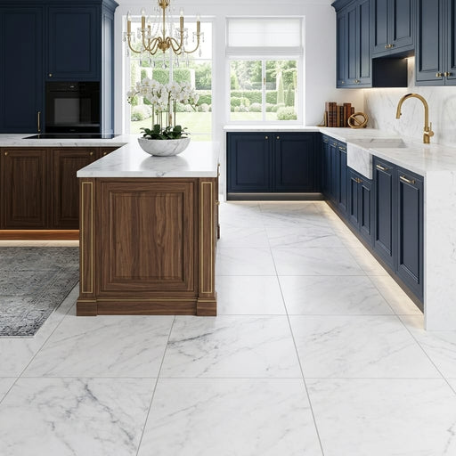 Oriental White (Asian Statuary) Marble 18x18 Honed Tile — Kitchen floor