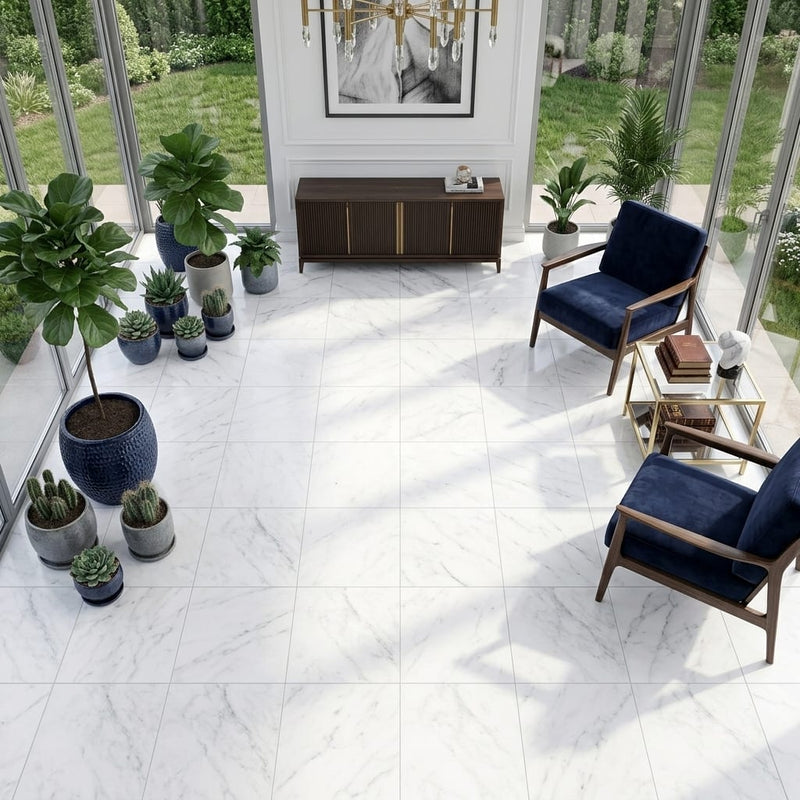 Oriental White (Asian Statuary) Marble 18x18 Honed Tile — Sunroom floor