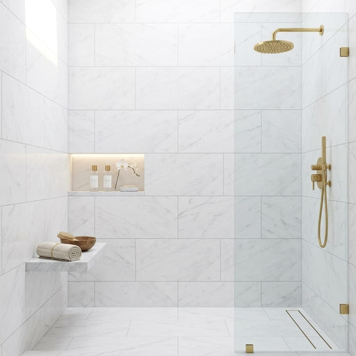 Oriental White (Asian Statuary) Marble 18x36 Honed Tile — Bathroom shower wall