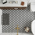 Oriental White (Asian Statuary) Marble 2x2 Honed Hexagon Mosaic Vortex Hexagon (w/ Black) — Bathroom floor