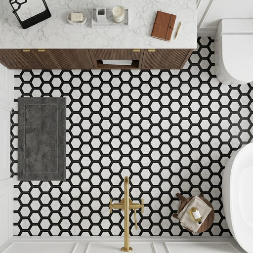 Oriental White (Asian Statuary) Marble 2x2 Honed Hexagon Mosaic Vortex Hexagon (w/ Black) — Bathroom floor