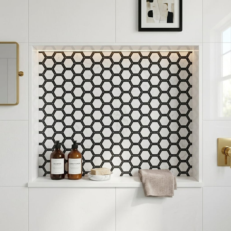 Oriental White (Asian Statuary) Marble 2x2 Honed Hexagon Mosaic Vortex Hexagon (w/ Black) — Bathroom niche