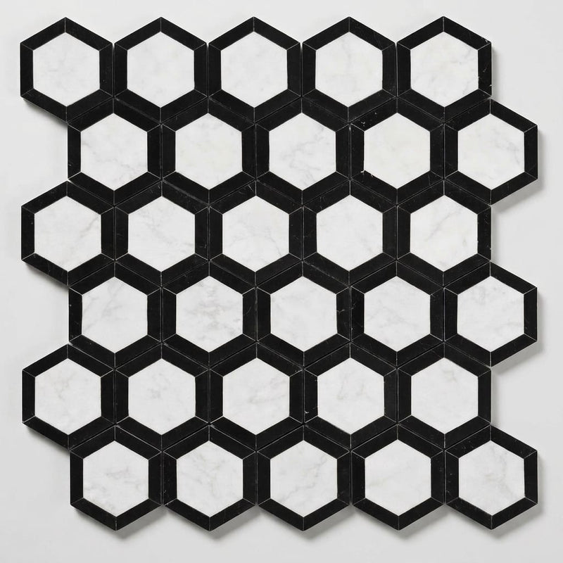 Oriental White (Asian Statuary) Marble 2x2 Honed Hexagon Mosaic Vortex Hexagon (w/ Black) close-up