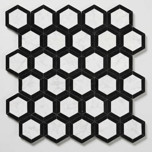 Oriental White (Asian Statuary) Marble 2x2 Honed Hexagon Mosaic Vortex Hexagon (w/ Black) close-up