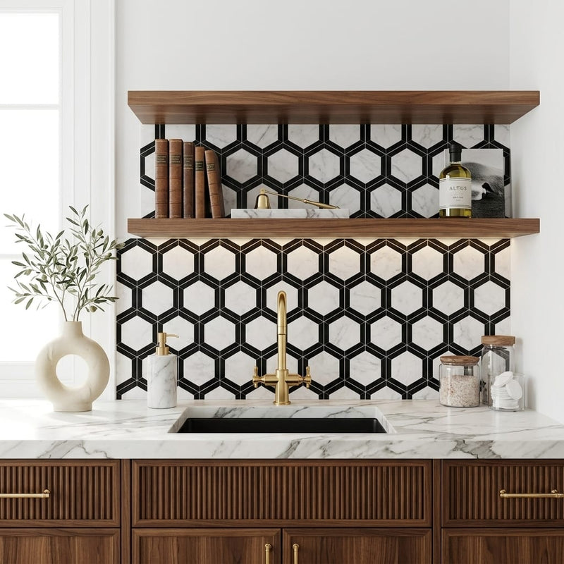 Oriental White (Asian Statuary) Marble 2x2 Honed Hexagon Mosaic Vortex Hexagon (w/ Black) — Kitchen backsplash