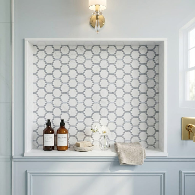 Oriental White (Asian Statuary) Marble 2x2 Honed Hexagon Mosaic Vortex Hexagon (w/ Blue-Gray) — Bathroom niche