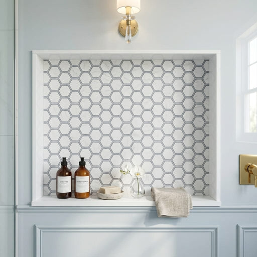 Oriental White (Asian Statuary) Marble 2x2 Honed Hexagon Mosaic Vortex Hexagon (w/ Blue-Gray) — Bathroom niche