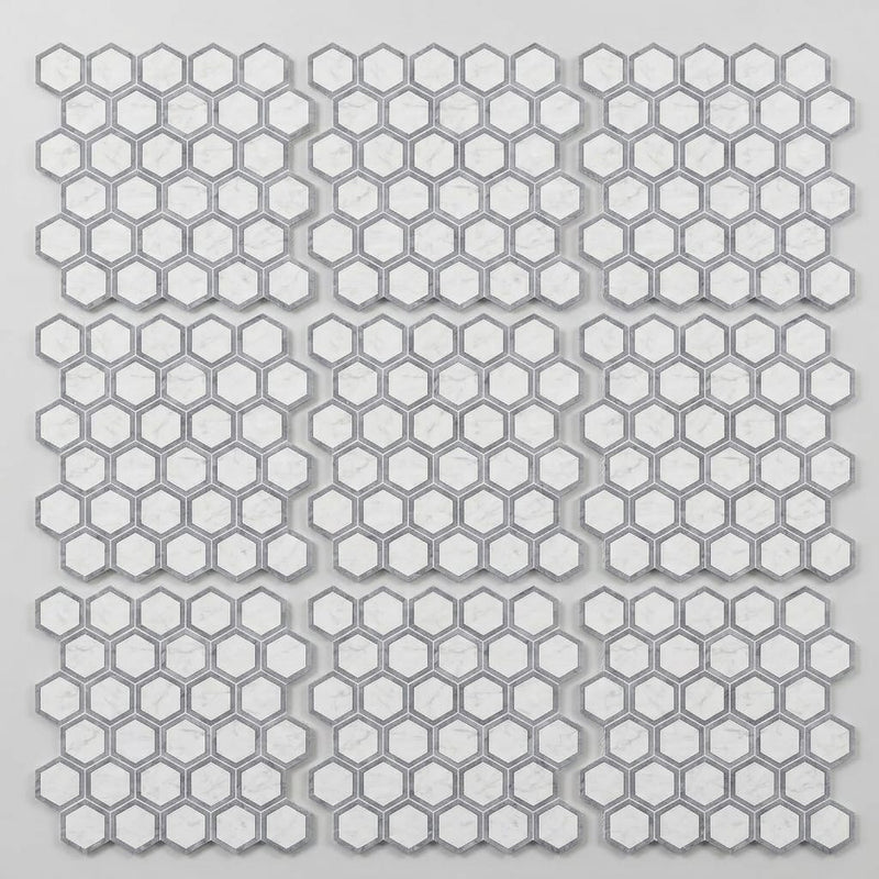 Oriental White (Asian Statuary) Marble 2x2 Honed Hexagon Mosaic Vortex Hexagon (w/ Blue-Gray) close-up