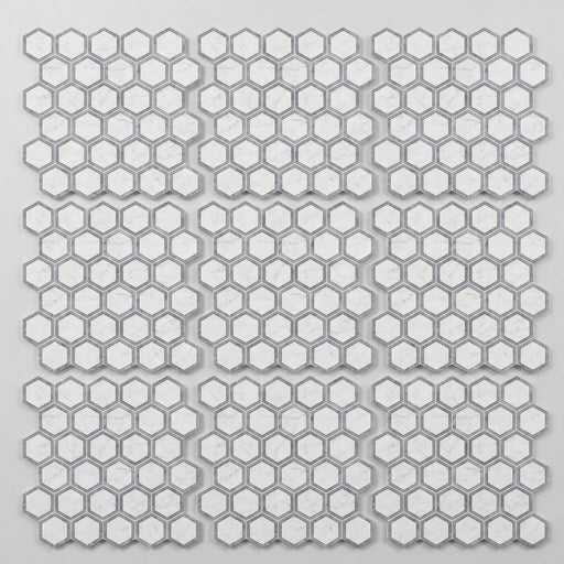Oriental White (Asian Statuary) Marble 2x2 Honed Hexagon Mosaic Vortex Hexagon (w/ Blue-Gray) close-up