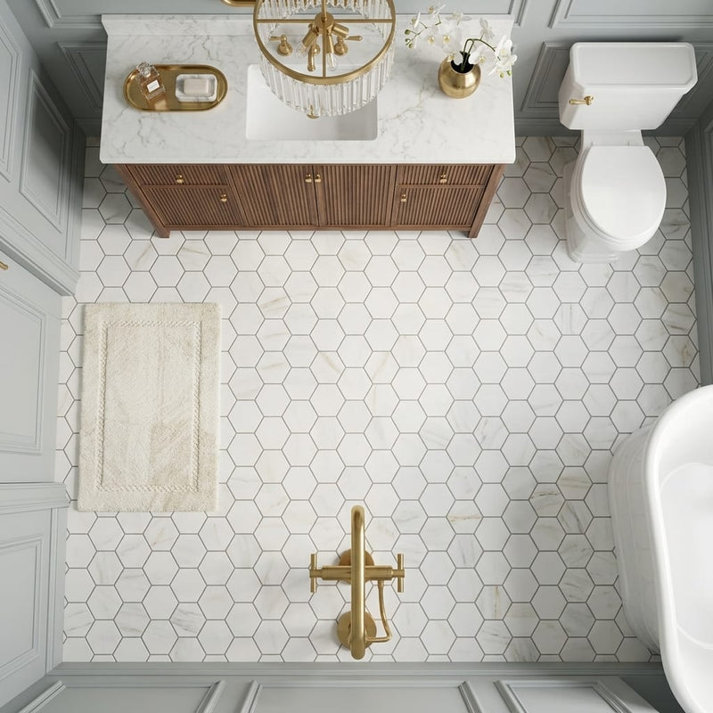 Oriental White (Asian Statuary) Marble 2x2 Honed Hexagon Mosaic — Bathroom floor