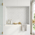 Oriental White (Asian Statuary) Marble 2x2 Honed Hexagon Mosaic — Bathroom niche