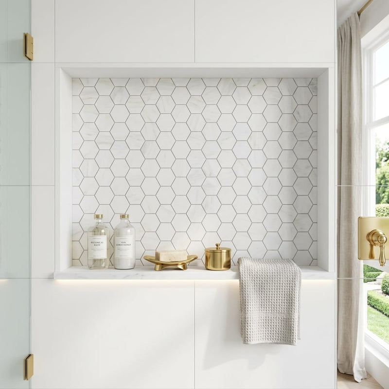 Oriental White (Asian Statuary) Marble 2x2 Honed Hexagon Mosaic — Bathroom niche